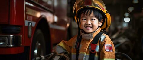 Porträt von glücklich asiatisch Junge tragen Feuerwehrmann Uniform mit Feuer LKW im Hintergrund ai generiert foto