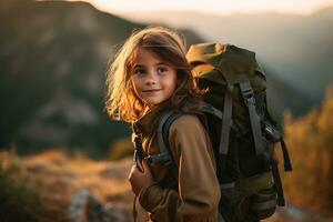 wenig Mädchen mit Rucksack Wandern auf Berg Gipfel beim Sonnenuntergang, Reise und Abenteuer Konzept ai generiert foto