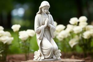 Engel Statue mit Weiß Rosen im das Friedhof.religiös Hintergrund ai generiert foto