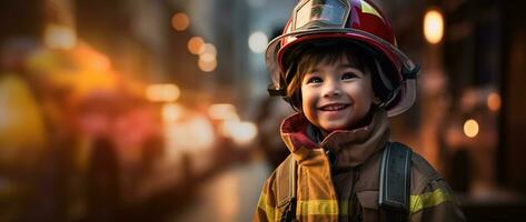 Porträt von glücklich asiatisch Junge tragen Feuerwehrmann Uniform mit Feuer LKW im Hintergrund ai generiert foto