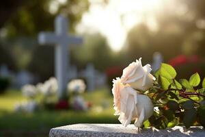 Weiß Blumen im Vorderseite von ein Grabstein beim ein Friedhof mit Sonnenuntergang.Beerdigung Konzept ai generiert foto