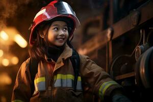 Porträt von ein süß wenig asiatisch Mädchen tragen ein Feuerwehrmann Uniform ai generiert foto