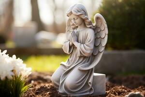 Engel Statue mit Weiß Rosen im das Friedhof.religiös Hintergrund ai generiert foto