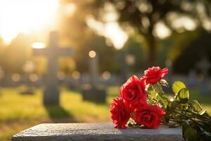 rot Rosen auf ein Grab beim ein Friedhof während das Sonnenuntergang mit Kopieren Raum ai generiert foto