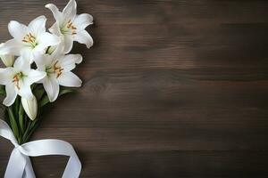 Weiß Lilie Blumen auf hölzern Hintergrund. oben Aussicht mit Kopieren Raum.Beerdigung Konzept ai generiert foto