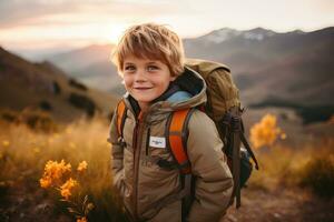 bezaubernd wenig Junge mit Rucksack Wandern im Berge beim Sonnenuntergang. Reise und aktiv Lebensstil Konzept ai generiert foto