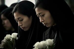 asiatisch Frau im Trauer beim ein Beerdigung, flach Tiefe von Feldbeerdigung Konzept ai generiert foto