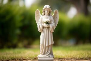 Engel Statue mit Weiß Rosen im das Friedhof.religiös Hintergrund ai generiert foto