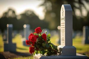 rot Rosen auf ein Grab beim ein Friedhof während das Sonnenuntergang mit Kopieren Raum ai generiert foto