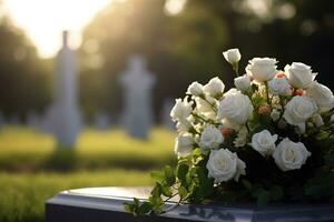 Weiß Blumen im Vorderseite von ein Grabstein beim ein Friedhof mit Sonnenuntergang.Beerdigung Konzept ai generiert foto