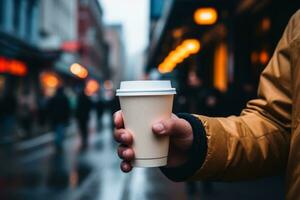 Person mit ein einer Weg Kaffee Tasse im einer hand.ai generativ foto