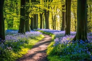 einsam Fußweg durch etwas Blau Glocke Blumen im ein Wald Landschaft.ai generativ foto