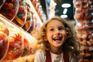 ein glücklich Kind im ein Süßigkeiten shop.ai generativ foto