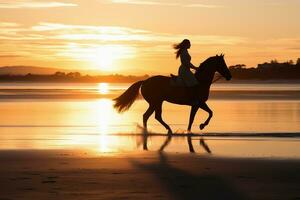 ein Frau Reiten auf ein Pferd beim ein schön beach.ai generativ foto