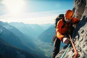 ein Bergsteiger auf ein steil Gesicht im das Berge.ai generativ foto