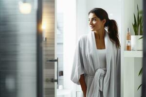 ein Frau im ein Badezimmer Kommen aus von das Dusche tragen ein handtuch.ai generativ foto