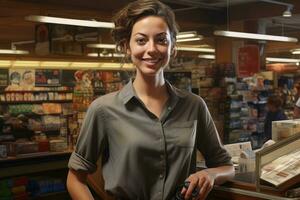 ein freundlich weiblich Verkäufer beim ein Lebensmittelgeschäft store.ai generativ foto