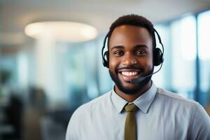 ein Anruf Center Mitarbeiter mit ein Headset beim work.ai generativ foto