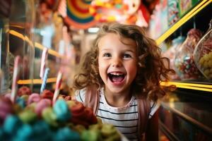 ein glücklich Kind im ein Süßigkeiten shop.ai generativ foto