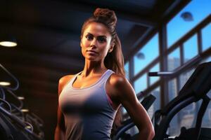 ein attraktiv jung Frau tun ein trainieren im ein gym.ai generativ foto