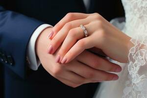 ein schön Hochzeit Ring auf ihr hand.ai generativ foto