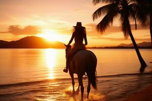 ein Frau Reiten auf ein Pferd beim ein schön beach.ai generativ foto