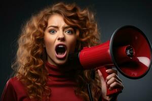 Porträt von ein jung Frau schreien durch ein Megaphon. ai generiert foto