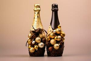 köstlich Schokolade Neu Jahre Champagner Flaschen mit festlich essbar Dekorationen isoliert auf ein Gradient Hintergrund foto