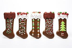 einzigartig Schokolade Weihnachten Strümpfe geschmückt mit Urlaub Sträusel isoliert auf ein Weiß Hintergrund foto