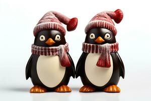 künstlerisch Winkel von Schokolade Weihnachten Pinguine mit Schal und Hut Einzelheiten isoliert auf ein Weiß Hintergrund foto