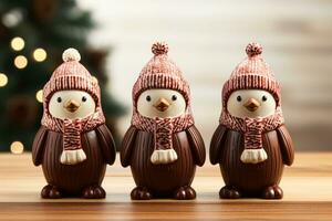 künstlerisch Winkel von Schokolade Weihnachten Pinguine mit Schal und Hut Einzelheiten isoliert auf ein Weiß Hintergrund foto