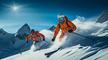 glückselig Paar alpin Skifahren auf sonnig Winter Tag Hintergrund mit leeren Raum zum Text foto