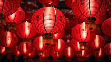 Chinesisch rot Laternen. Chinesisch festlich Dekorationen. traditionell asiatisch Neu Jahr rot Lampen. Festival hängend Laternen. ai generiert foto