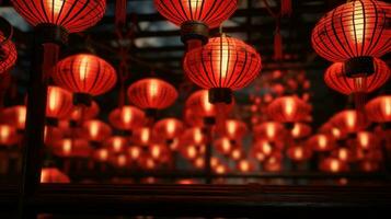 Chinesisch rot Laternen. Chinesisch festlich Dekorationen. traditionell asiatisch Neu Jahr rot Lampen. Neu Jahr Feier. ai generiert foto