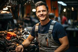 Auto Mechaniker Arbeiten im Auto Reparatur Geschäft. gut aussehend jung Mann im Uniform Arbeiten mit Auto Motor. generativ ai foto