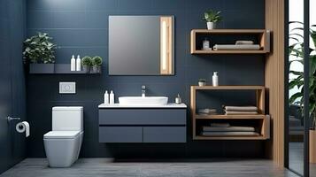 Innere von modern Badezimmer mit Blau Fliese Wände, gefliest Boden, komfortabel Badewanne und sinken mit Spiegel. generativ ai foto