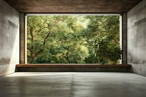 Innere von modern Dachgeschoss mit Beton Fußboden und Panorama- Fenster. generativ ai foto