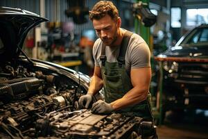 Auto Mechaniker Arbeiten im Auto Reparatur Geschäft. gut aussehend jung Mann im Uniform Arbeiten mit Auto Motor. generativ ai foto