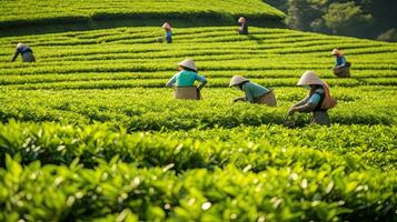 Tee pflücken beim das Tee Plantage beim das Stadt, Dorf von mae Salong Norden von das Stadt Chiang Rai im Norden Thailand. generativ ai foto