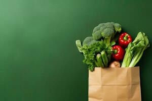 Einkaufen Tasche voll von frisch organisch Gemüse auf Grün Hintergrund. gesund Essen Konzept. generativ ai foto