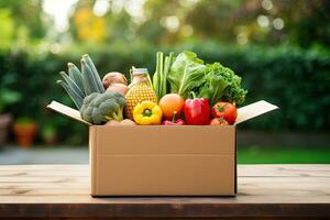 Box mit frisch organisch Gemüse und Früchte. gesund Essen Einkaufen Konzept. generativ ai foto