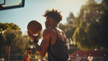 jung afrikanisch amerikanisch Mann spielen Basketball beim Sonnenuntergang. Sport und aktiv Lebensstil Konzept. generativ ai foto
