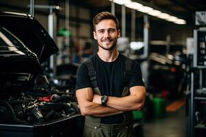 Auto Mechaniker Arbeiten im Auto Reparatur Geschäft. gut aussehend jung Mann im Uniform Arbeiten mit Auto Motor. generativ ai foto