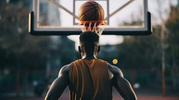 jung afrikanisch amerikanisch Mann spielen Basketball beim Sonnenuntergang. Sport und aktiv Lebensstil Konzept. generativ ai foto