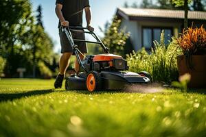 Mann Mähen das Rasen mit ein Rasen Mäher im das Garten. Gartenarbeit Konzept generativ ai foto