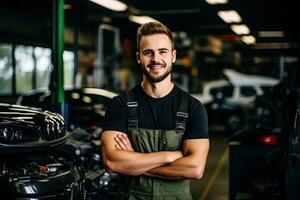 Auto Mechaniker Arbeiten im Auto Reparatur Geschäft. gut aussehend jung Mann im Uniform Arbeiten mit Auto Motor. generativ ai foto