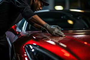 Auto Detaillierung Serie, Arbeiter im schützend Handschuhe Polieren ein Wagen. generativ ai foto