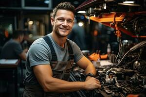 Auto Mechaniker Arbeiten im Auto Reparatur Geschäft. gut aussehend jung Mann im Uniform Arbeiten mit Auto Motor. generativ ai foto