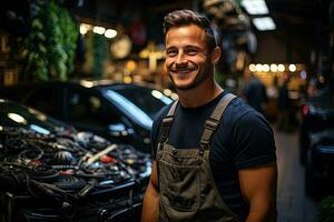 Auto Mechaniker Arbeiten im Auto Reparatur Geschäft. gut aussehend jung Mann im Uniform Arbeiten mit Auto Motor. generativ ai foto