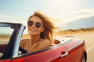Sommer- Feiertage, Urlaub, Straße Ausflug und Menschen Konzept - - lächelnd jung Frau Fahren Cabrio Wagen. generativ ai foto